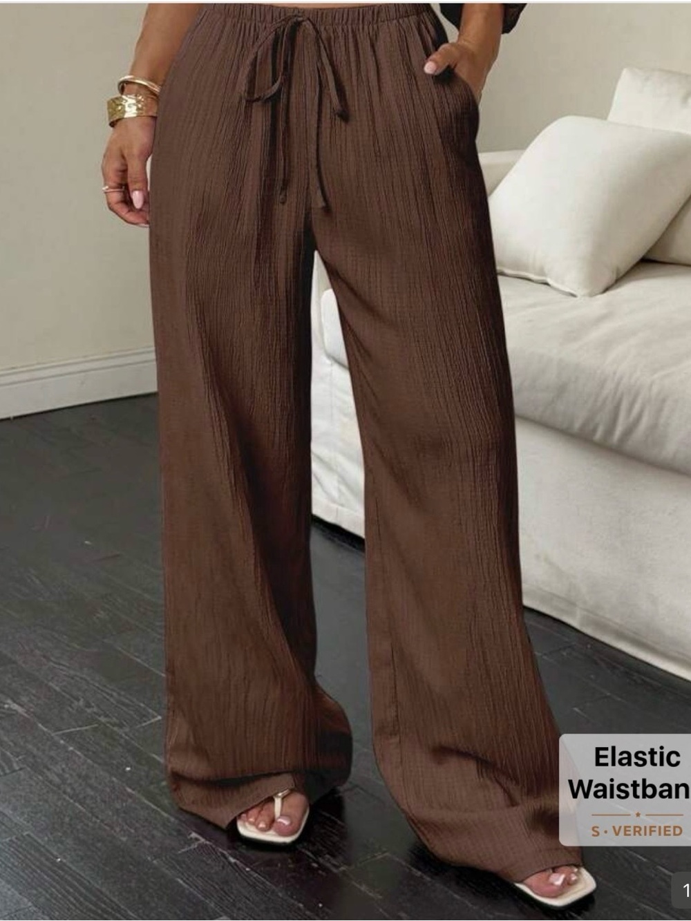 Wide Leg Brown Drawstring Pants